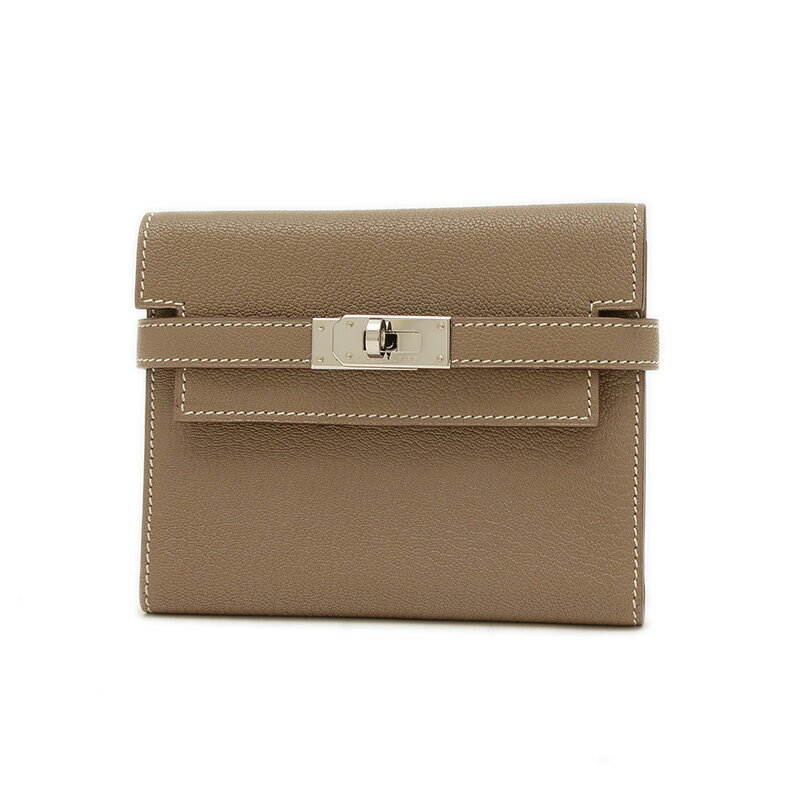 エルメス ケリーウォレット コンパクト 3つ折り財布 シェーブル エトゥープ シルバー金具 □L刻【中古】..