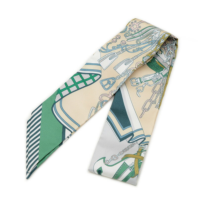 エルメス ツイリー 鞍職人の花束 グリーン/ベージュ/グリペルル【中古】 BP 【送料無料】