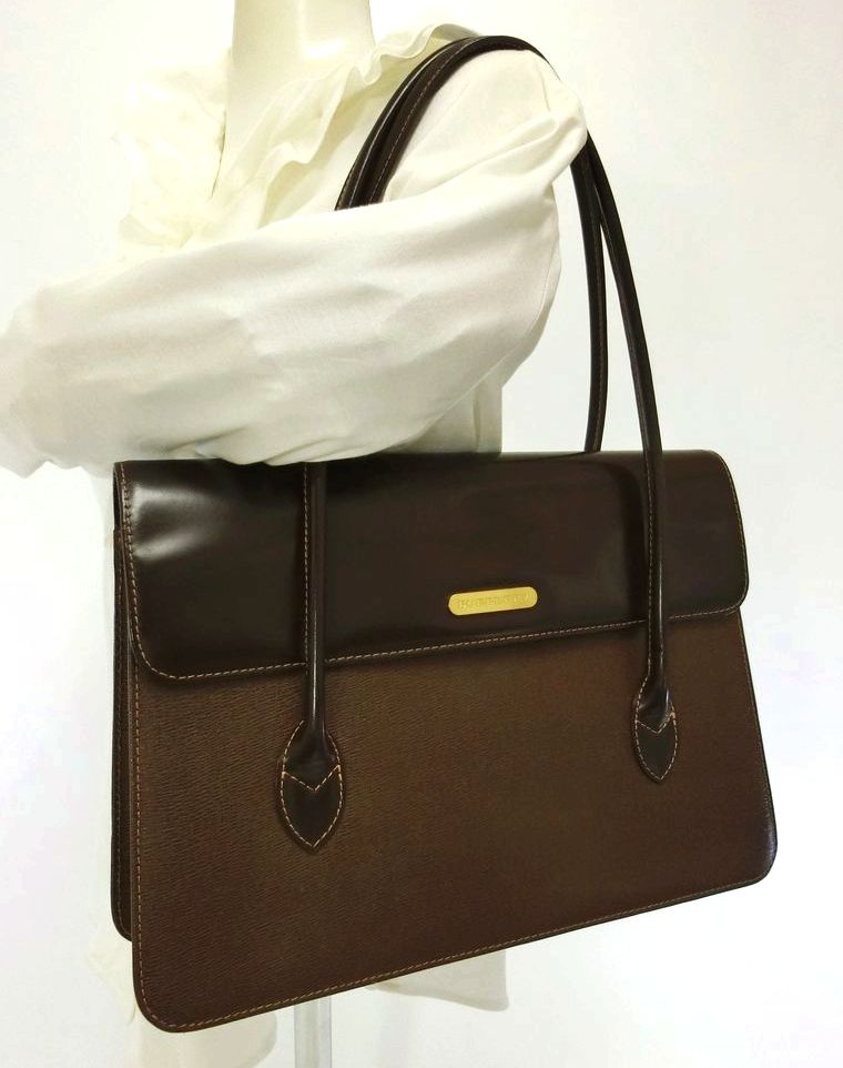 BURBERRY・バーバリー 本革レザー トート／ハンド／セミショルダーバッグ ダークブラウン 肩掛け 自立 おしゃれ レディース ブランド 特価品 中古 送料無料 12-C0320