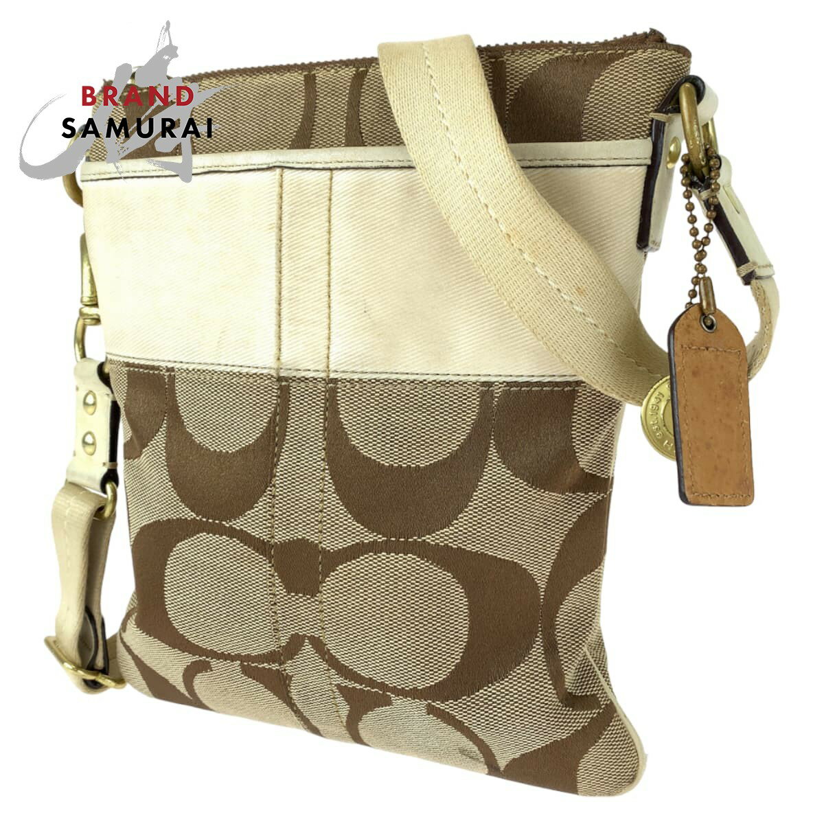 COACH コーチ シグネチャー ストライプ ソリッド スイングパック ブラウン 茶 ゴールド金具 キャンバス レザー 41207 ショルダーバッグ 斜め掛け レディース 404245 【中古】【中古】