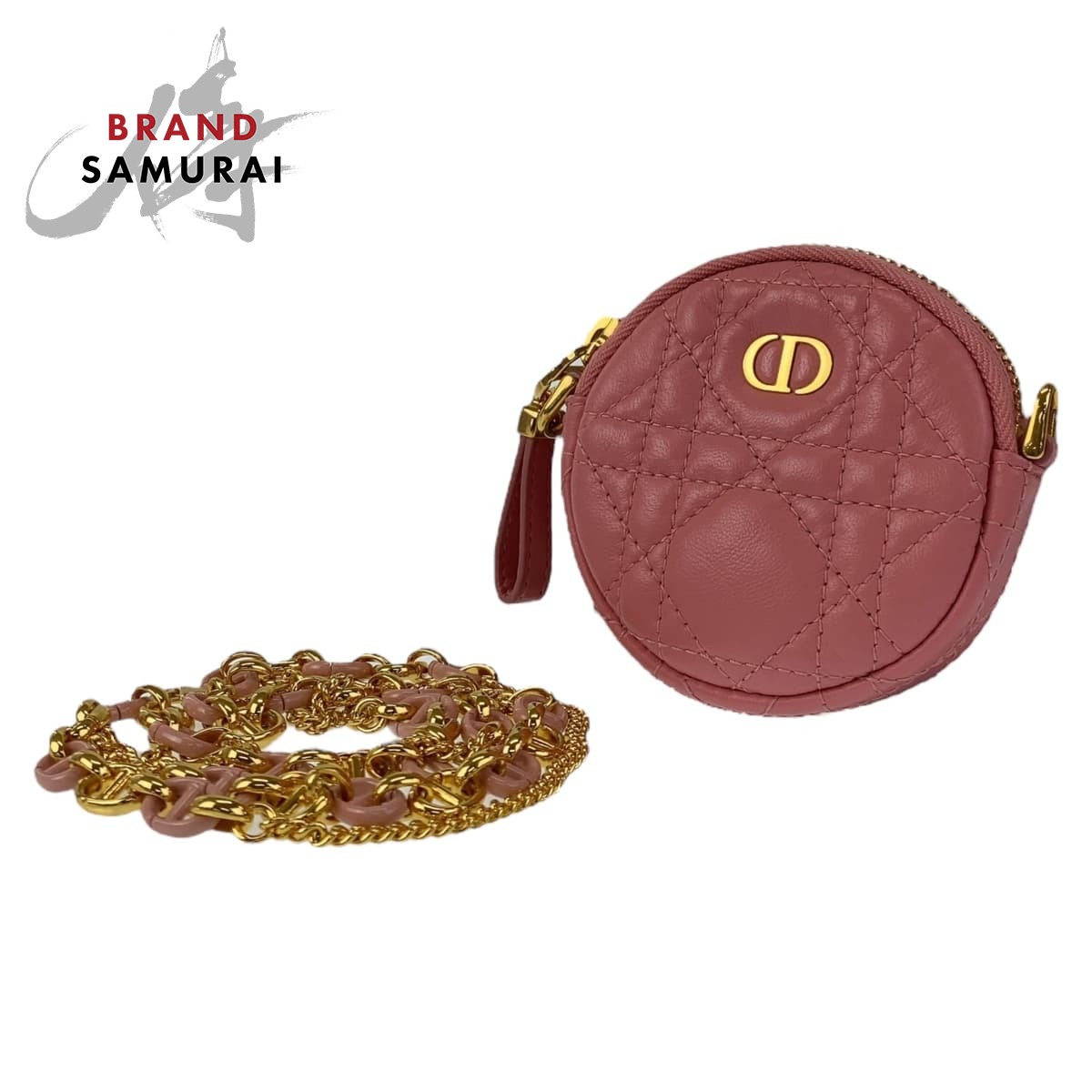 美品 Dior ディオール カナージュ カロ ミニラウンド ピンク ゴールド金具 レザー ショルダーバッグ ポーチ レディース 406099 【中古】