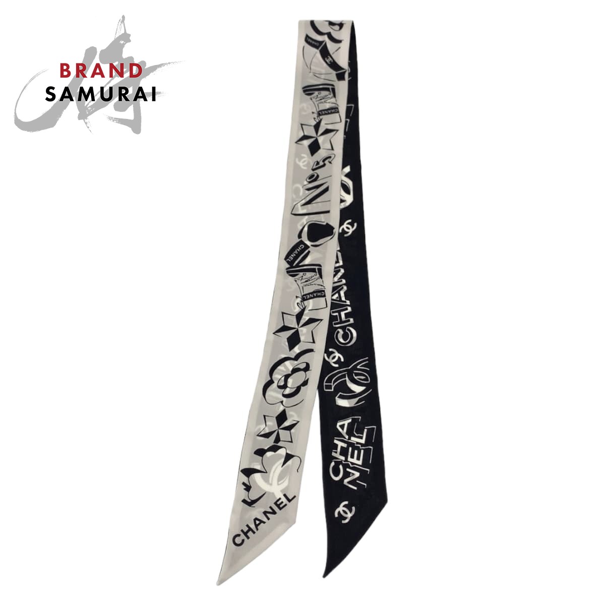 美品 CHANEL シャネル ヘアバンド ココマーク ブラック 黒 ホワイト シルク スカーフ リボンスカーフ レディース 407390 【中古】のサムネイル