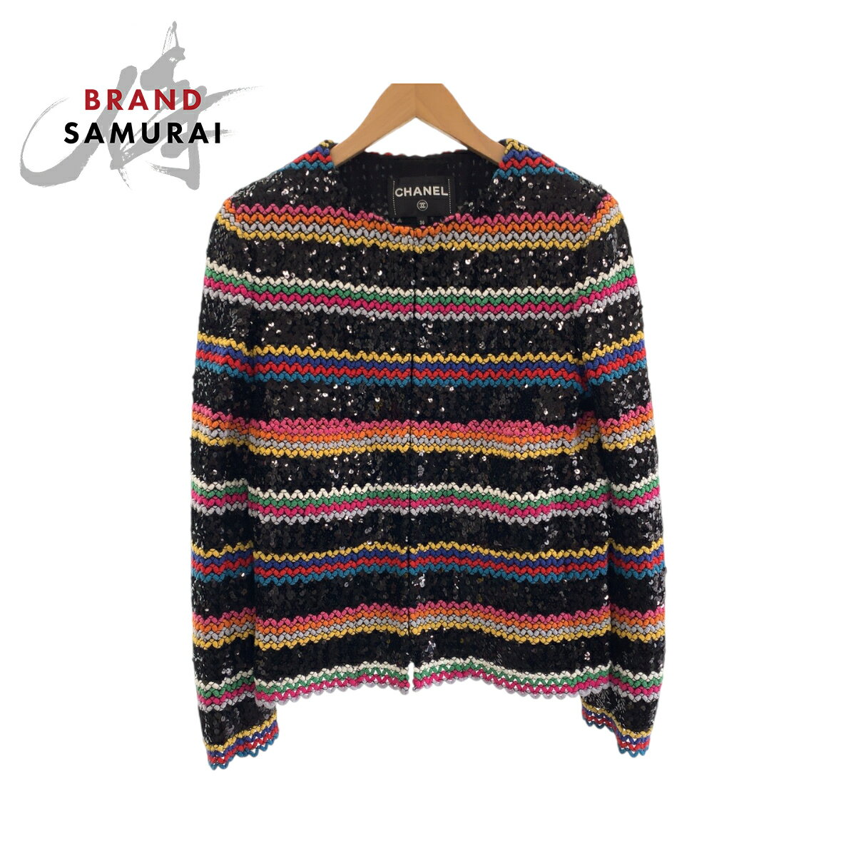 超美品 CHANEL シャネル コレクションライン スパンコール サイズ36 マルチカラー コットン P72607V64263 ノーカラージャケット カーディガ...