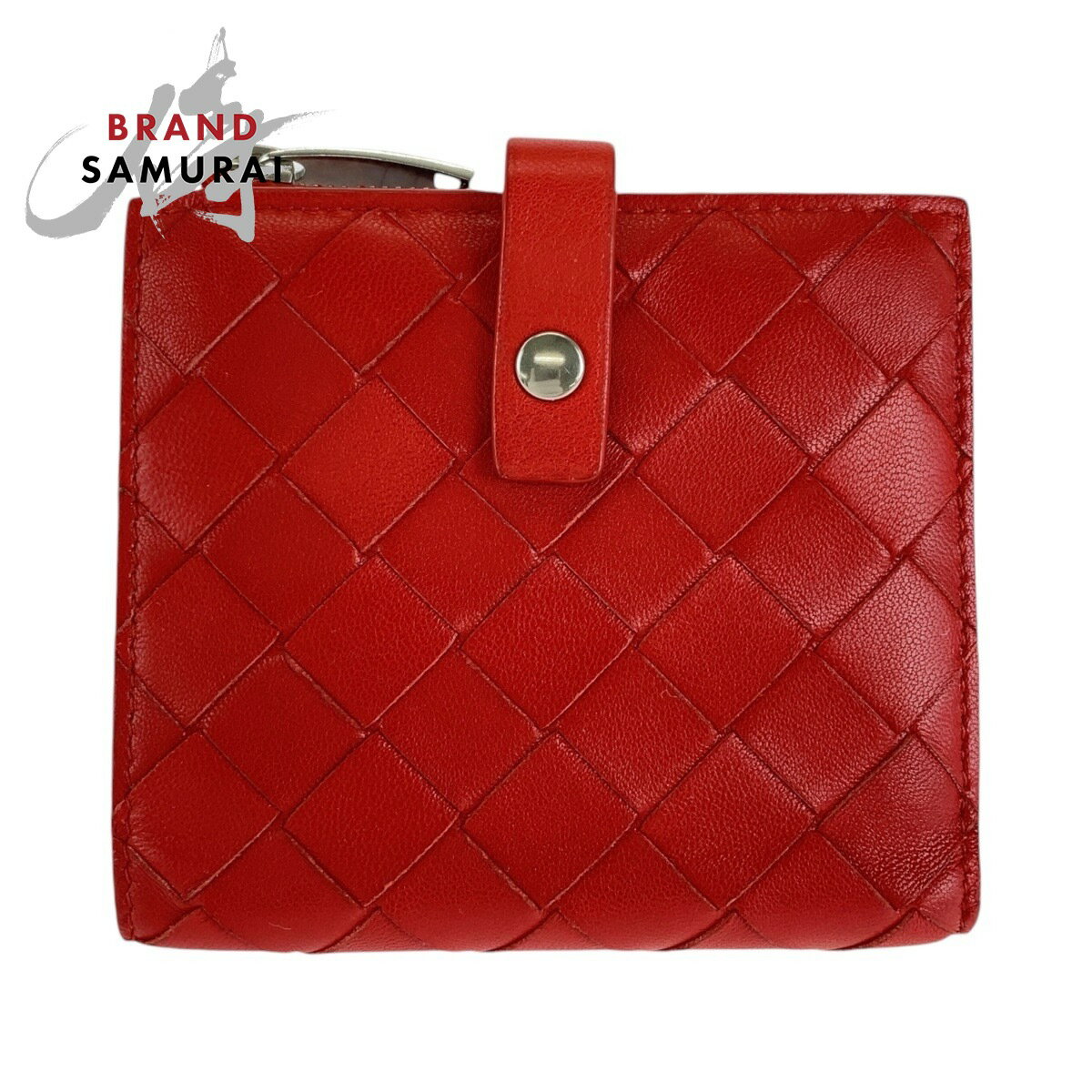 美品 BOTTEGAVENETA ボッテガヴェネタ マキシイントレチャート レッド シルバー金具 レザー 折財布 コンパクトウォレット レディース 410707 【中古】
