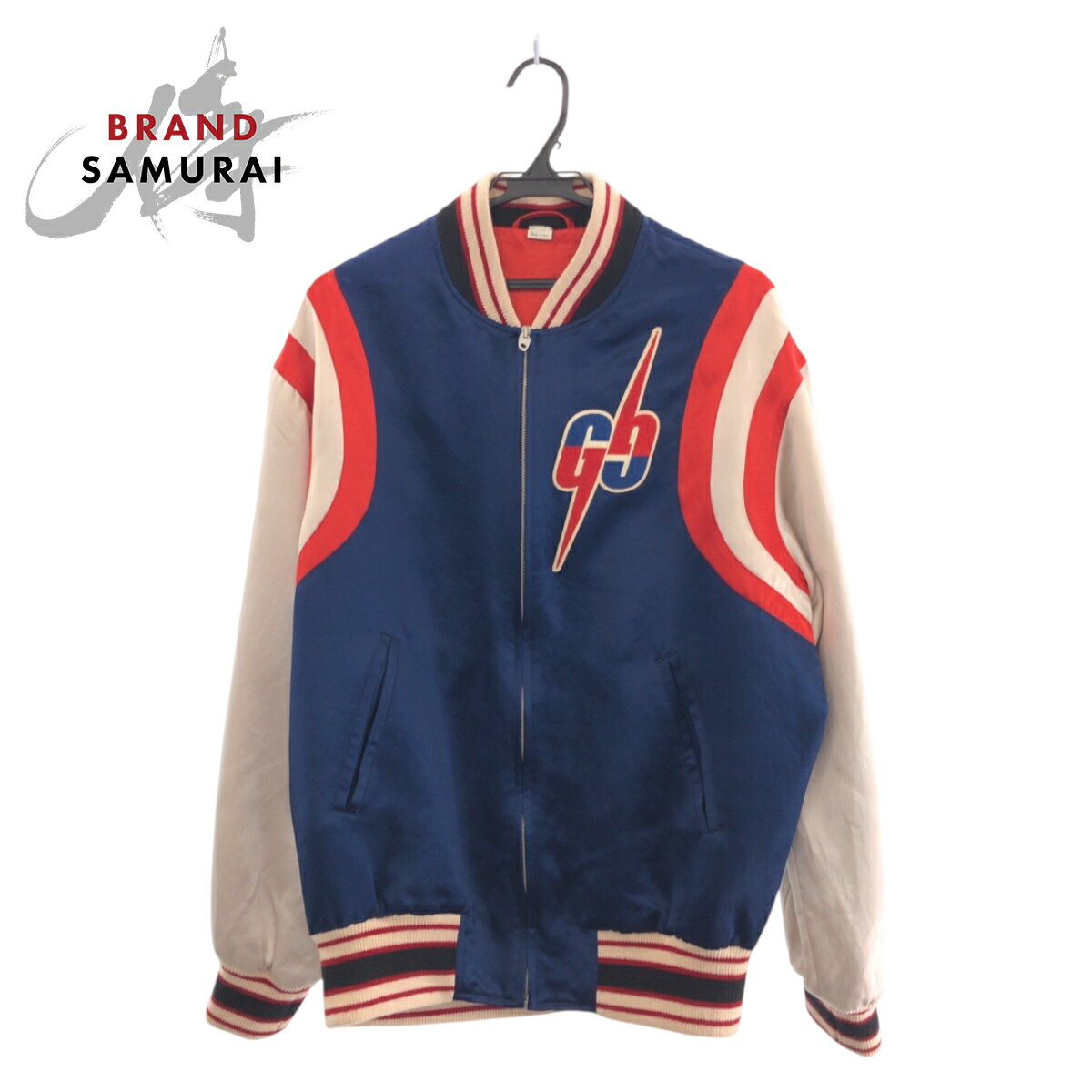 美品 GUCCI グッチ GG サイズ44 ネイビー ホワイト レッド シルバー金具 アセテート /レーヨン /ポリエステル 575315 ZABZR スタジャン ジャンパー メンズ 411466 【中古】