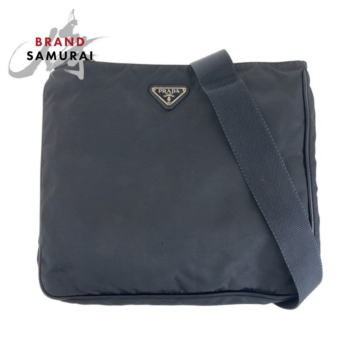 PRADA プラダ テスート サフィアーノ 三角ロゴプレート ブラック 黒 シルバー金具 ナイロン /レザー ショルダーバッグ ポシェット メンズ 500186 【中古】
