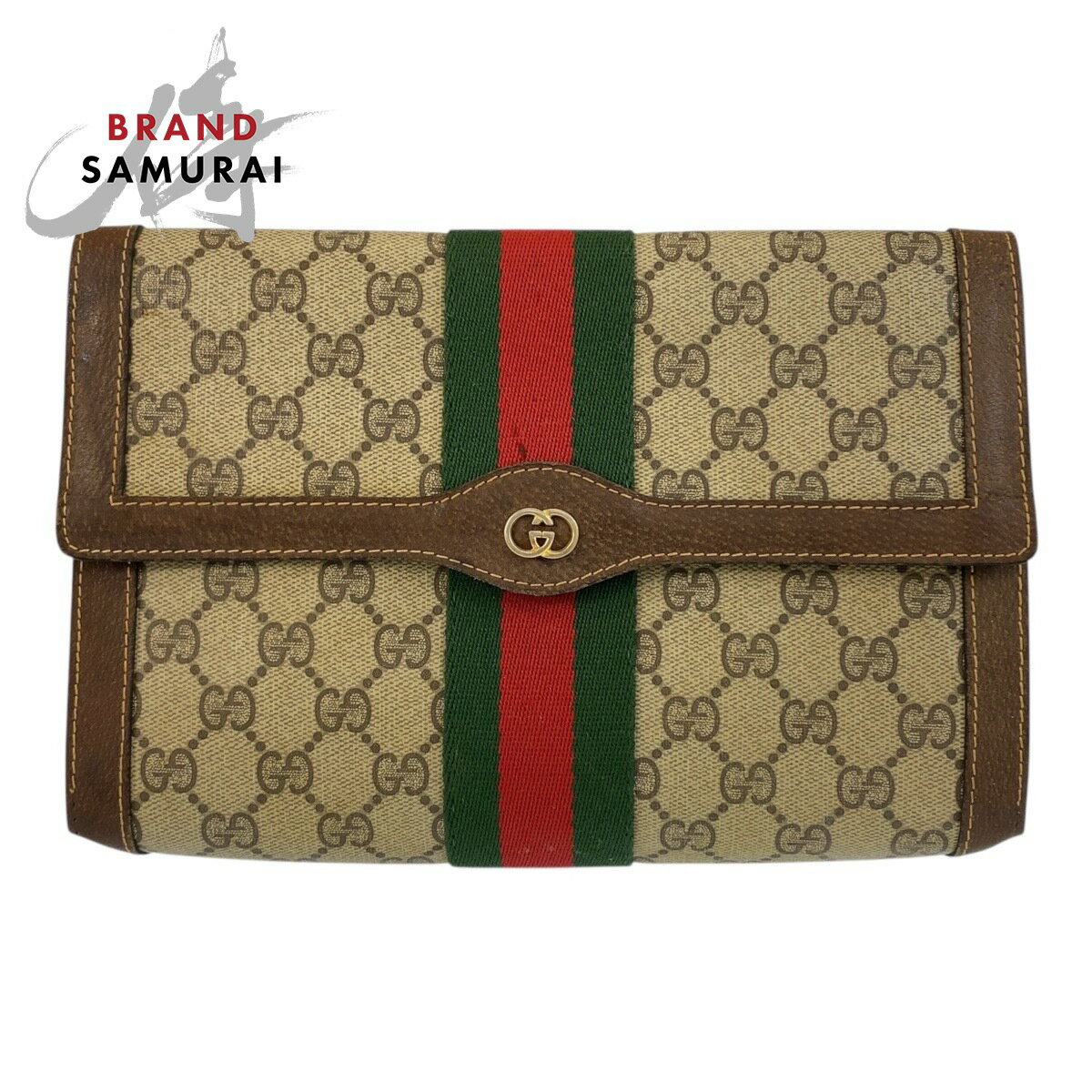 GUCCI グッチ ヴィンテージ シェリーライン ベージュ ブラウン ゴールド金具 GGスプリームキャンバス /レザー 38 クラッチバッグ セカンドバッグ メンズ 505434 【中古】