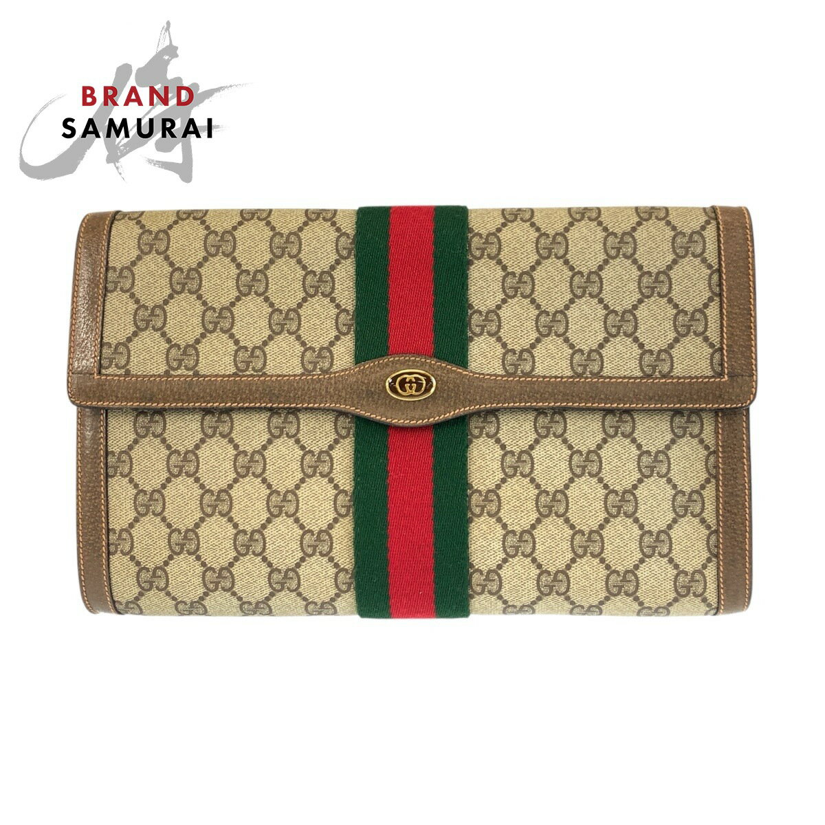美品 GUCCI グッチ ヴィンテージ シェリーライン ベージュ ゴールド金具 GGスプリームキャンバス /レザー 89 01 007 クラッチバッグ セカンドバッグ メンズ 505793 【中古】