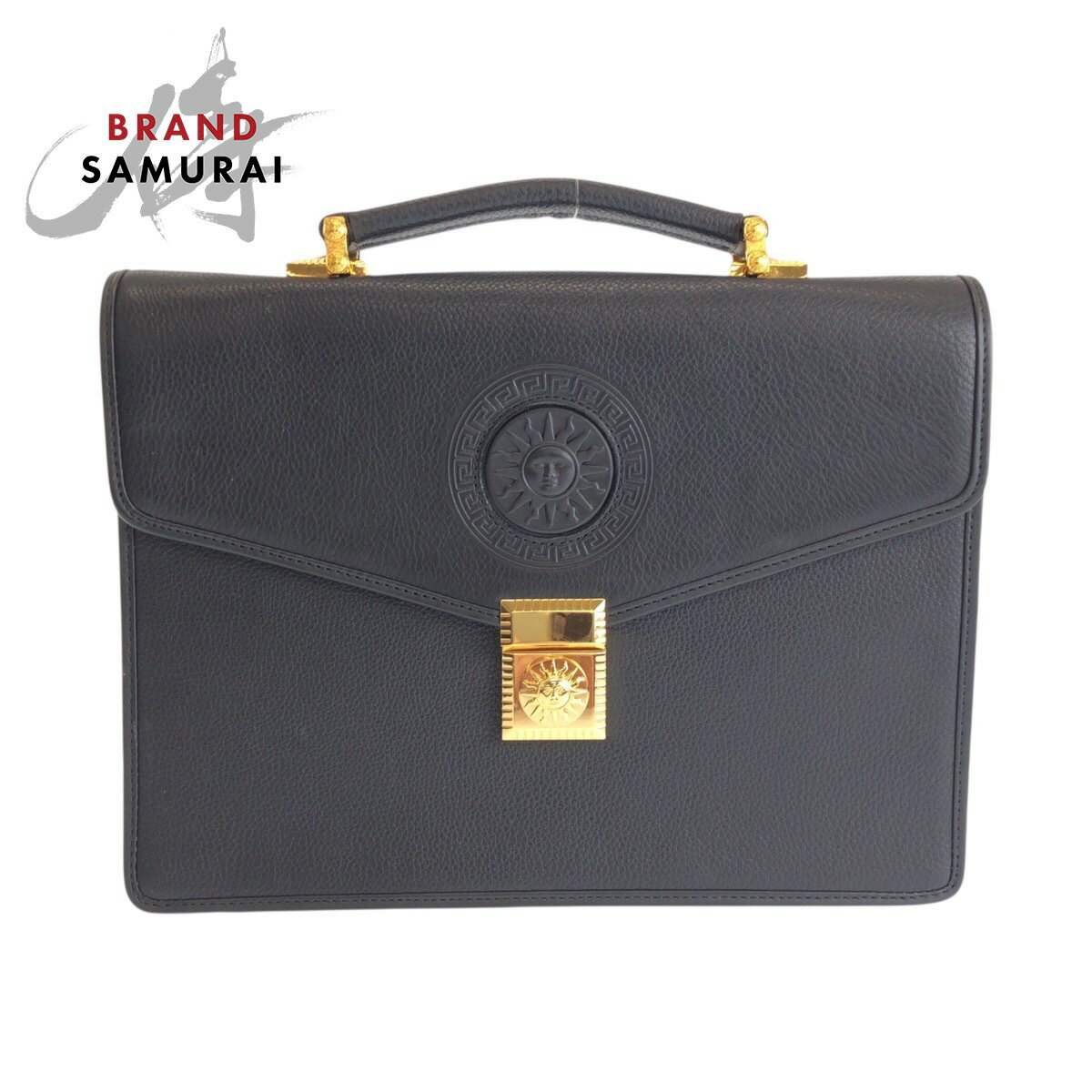 VERSACE - 美品 VERSACE ヴェルサーチ ヴィンテージ サンバースト ブラック 黒 ゴールド金具 レザー セカンドバッグ クラッチバッグ ビジネスバッグ メンズ 600703 【中古】