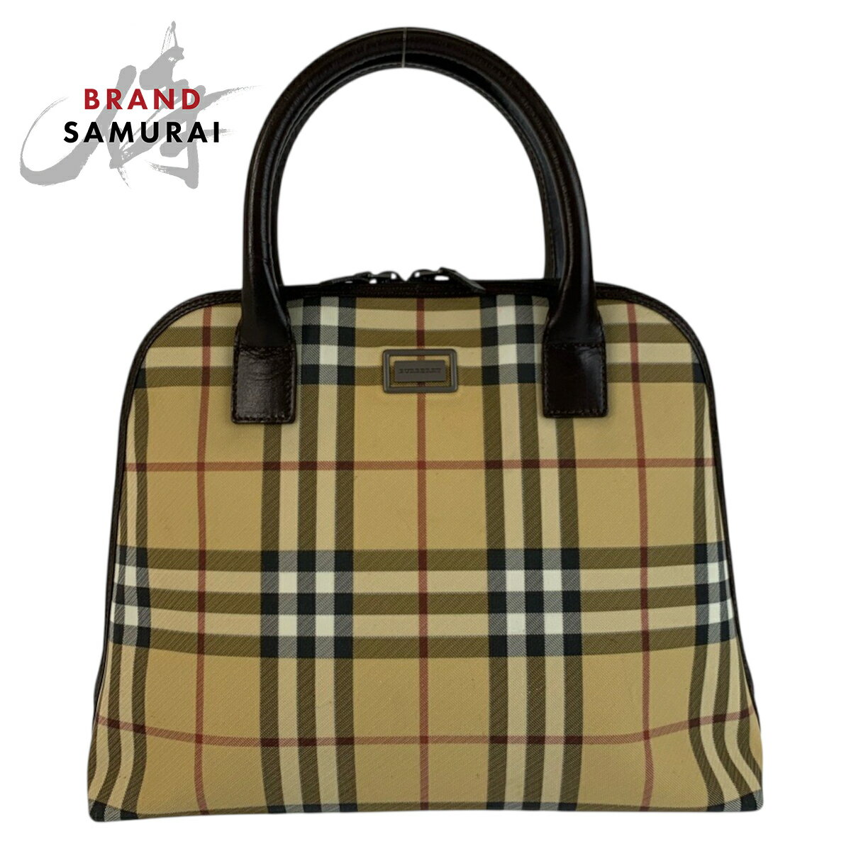 BURBERRY - 美品 BURBERRY バーバリー チェック柄 ベージュ ブラック PVC /レザー ハンドバッグ レディース 601286 【中古】