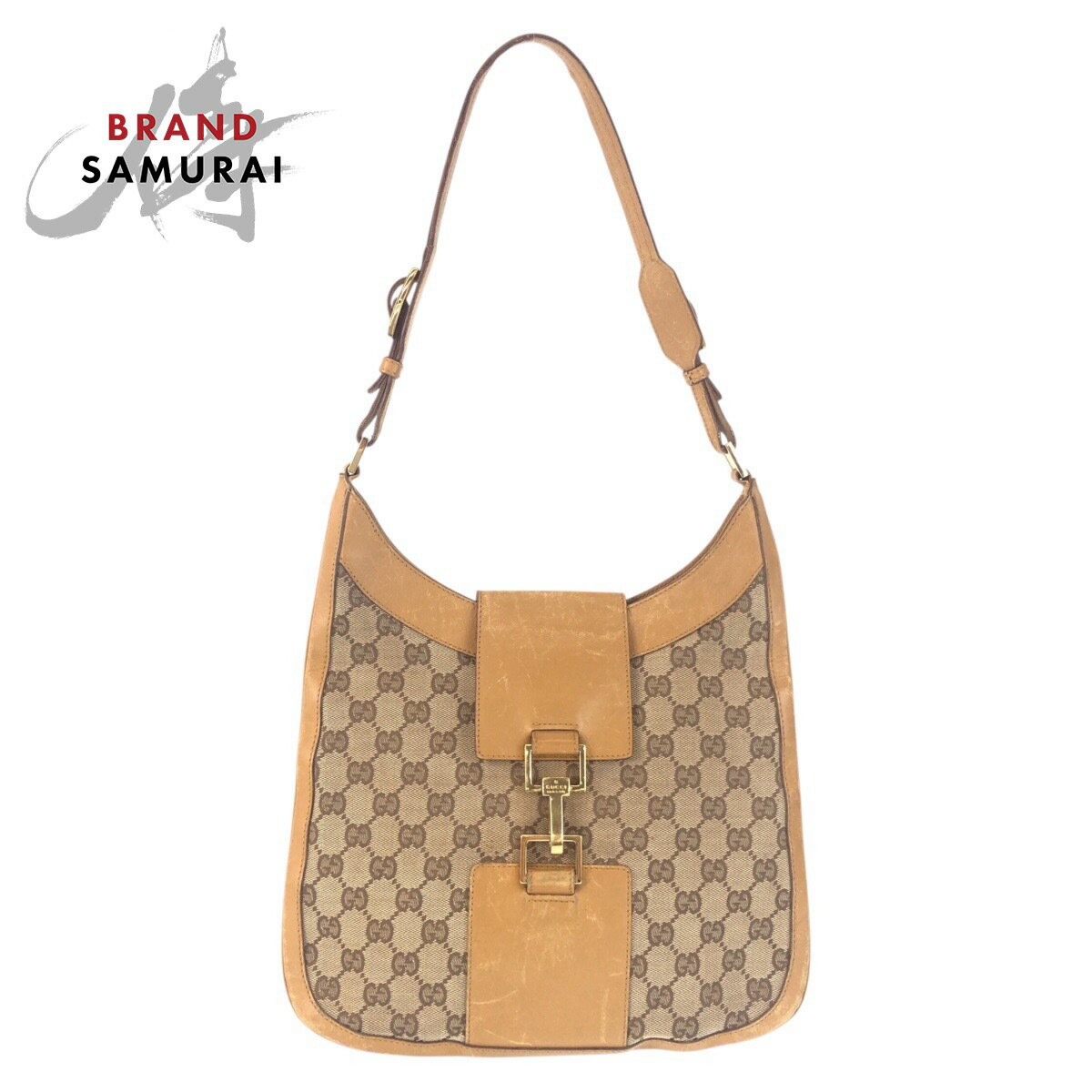 GUCCI - GUCCI グッチ ベージュ ゴールド金具 GGキャンバス /レザー 001 4129 ショルダーバッグ レディース 601300 【中古】