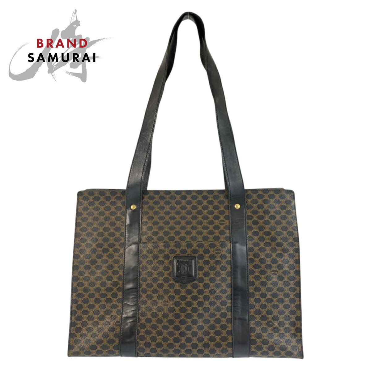 CELINE セリーヌ ヴィンテージ マカダム ブラック 黒 ブラウン PVC /レザー MC96 トートバッグ ショルダーバッグ レディース 601362 【中古】