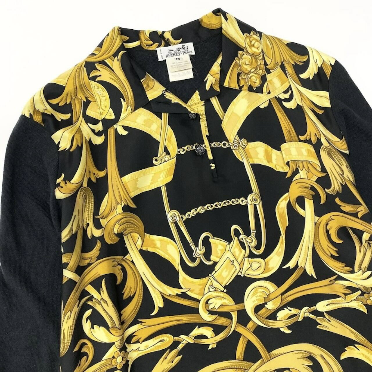 BRAND SAMURAIのHERMES エルメス ヴィンテージ シルク切替 ニットポロシャツ ロングスリーブ ニットトップス スカーフ柄 シルク /コットン /カシミヤ ポロシャツ レディース A3-00228 【中古】｜アングル3