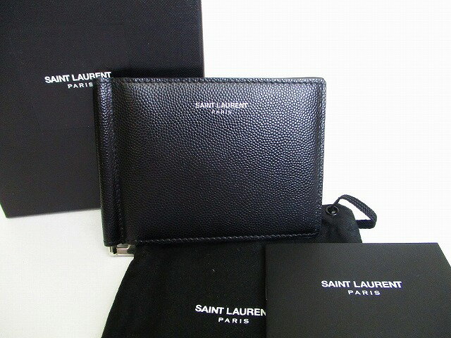 【未使用保管品】サンローラン パリ Saint Laurent Paris レザー マネークリップ付き 二つ折り 札入れ 財布 メンズ 黒 【中古】