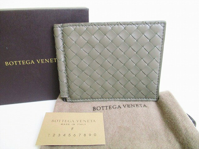 【新古品】 ボッテガヴェネタ BOTTEGA VENETA イントレチャート マネークリップ付き 二つ折り ウォレット 札入れ 財布 メンズ グリーン 【中古】