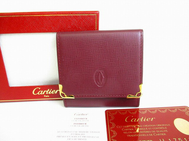 【新古品】カルティエ Cartier マスト ドゥ カルティエ カーフスキン スクエア コインパース 小銭入れ メンズ レディース ボルドー 【中古】