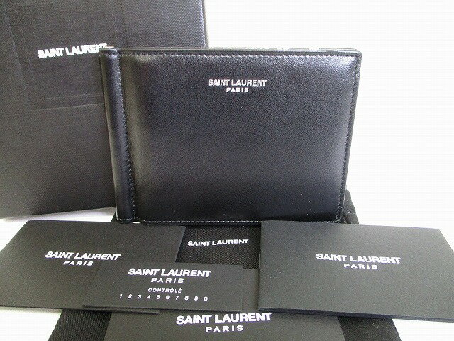 【希少】【展示保管品】サンローラン パリ イヴサンローラン Saint Laurent Paris YSL レザー マネークリップ付き 二つ折り 札入れ 財布 メンズ 【中古】