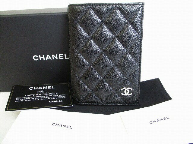 【未使用保管品】 シャネル CHANEL CC キャビアスキン カーフレザー パスポートカバー メンズ レディース ノワール 【中古】