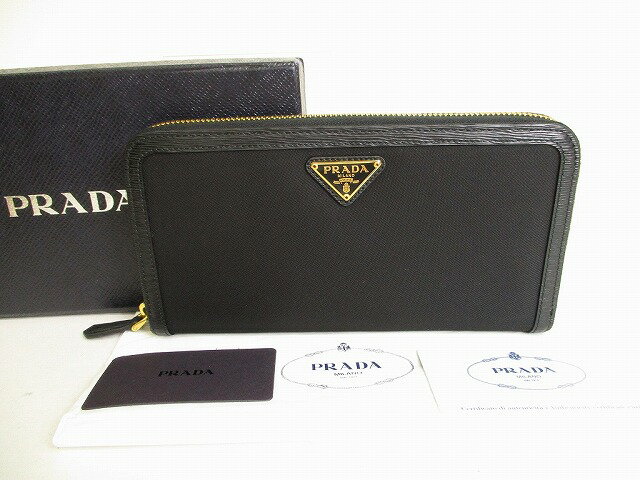 【展示未使用品】 プラダ PRADA ナイロン×レザー ゴールド金具 ラウンド財布 ジップアラウンド 長財布 メンズ レディース ネロ 黒 【中古】