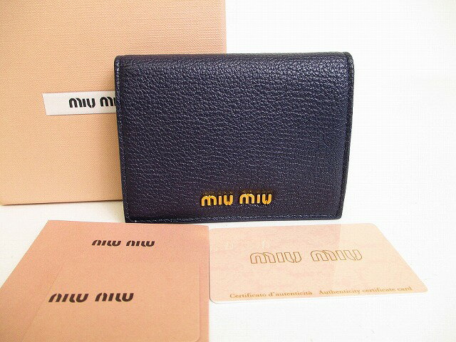 【未使用保管品】 ミュウミュウ miu miu マドラス レザー 2つ折り 財布 コンパクト財布 コンパクトウォレット ネイビー 【中古】