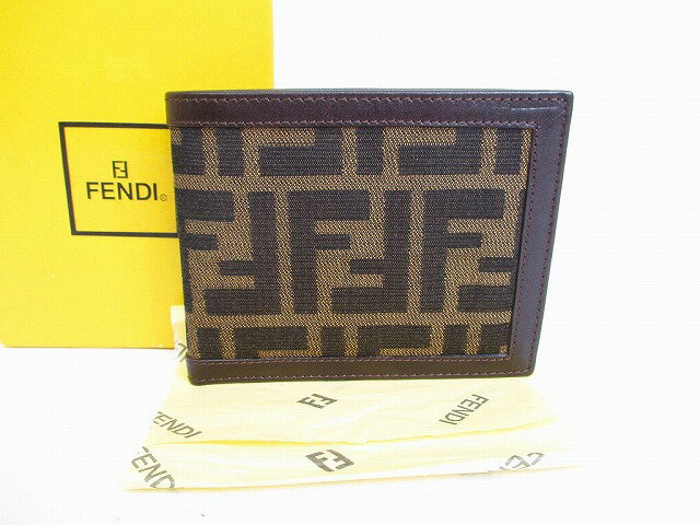 【未使用保管品】 フェンディ FENDI ズッカ キャンバス レザー 2つ折り 財布 コンパクト財布 コンパクトウォレット メンズ レディース 【中古】