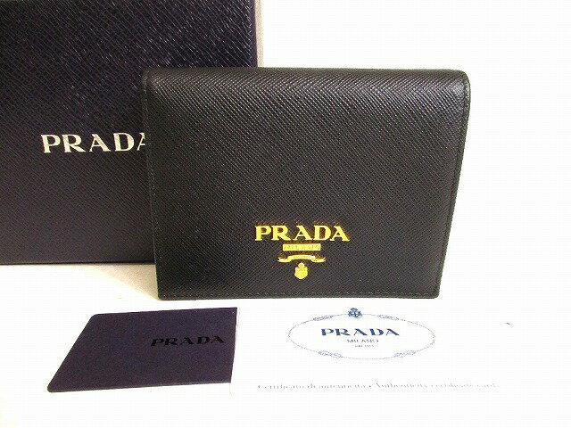 【未使用保管品】 プラダ PRADA サフィアーノメタル レザー 2つ折り 財布 コンパクト財布 コンパクトウォレット メンズ レディース ネロ 黒 【中古】