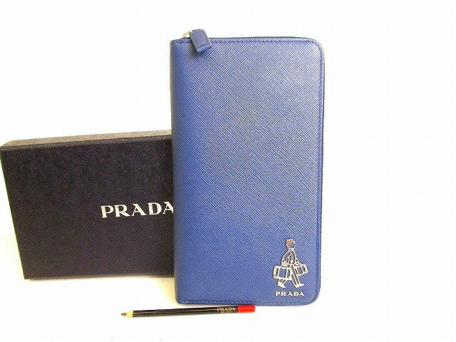 【希少】 【未使用保管品】 プラダ PRADA サフィアーノレザー ポーターモチーフ ラウンドファスナー 長財布 オーガナイザー メンズ レディース ネイビー 【中古】