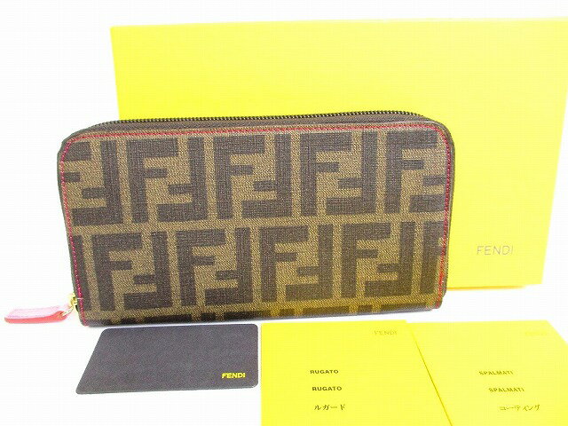 【未使用保管品】 フェンディ FENDI レザー ズッカ ラウンドジップ ウォレット ラウンドファスナー 長財布 メンズ レディース カーキ×ピンク 【中古】