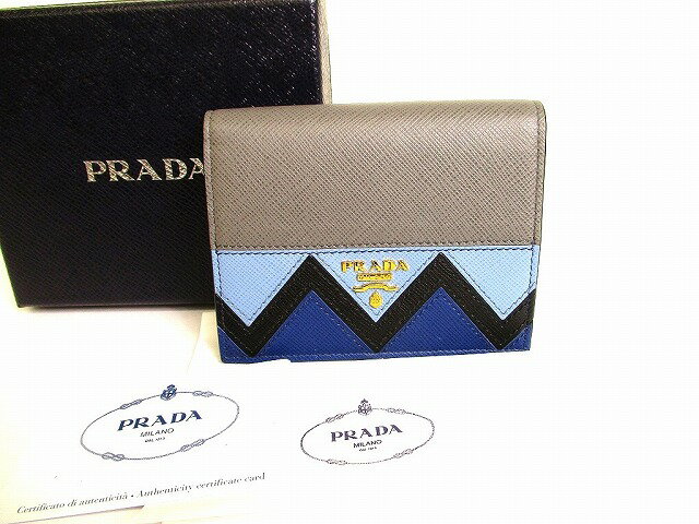 【未使用保管品】 プラダ PRADA サフィアーノ レザー 2つ折り 財布 コンパクト財布 コンパクトウォレット メンズ レディース ダークグレー 【中古】