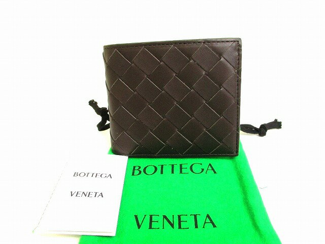 【未使用保管品】 ボッテガヴェネタ BOTTEGA VENETA イントレチャート カーフスキン 2つ折り 財布 コンパクト財布 メンズ レディース ダークブラウン 【中古】