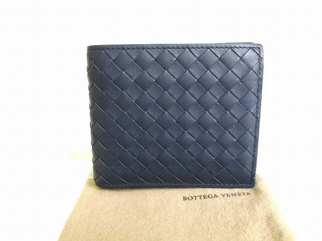 【未使用保管品】 ボッテガヴェネタ BOTTEGA VENETA イントレチャート レザー 2つ折り 財布 コンパクト財布 メンズ レディース ネイビー 【中古】