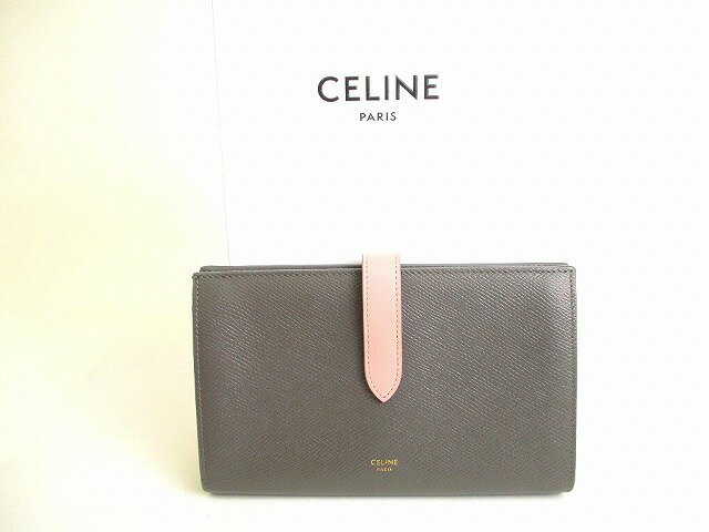 【未使用保管品】 セリーヌ CELINE バイカラー グレインド カーフスキン ラージ ストラップウォレット 2つ折り 長財布 メンズ レディース ダークグレー 【中古】