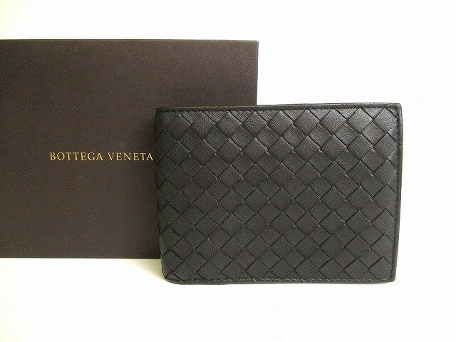 【希少】 【未使用保管品】 ボッテガヴェネタ BOTTEGA VENETA イントレチャート レザー 2つ折り 財布 コンパクト財布 メンズ レディース 黒 【中古】