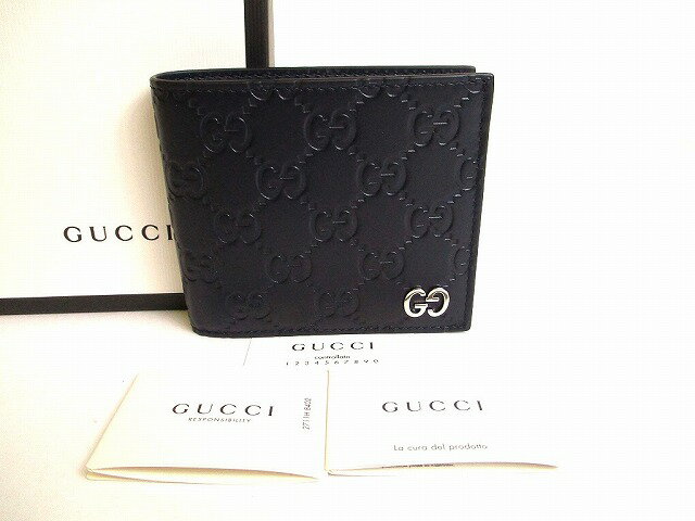 【新古品】 グッチ GUCCI GG メタル シマ シグネチャー レザー コインウォレット 2つ折り 財布 コンパクト財布 メンズ レディース ネイビー 【中古】