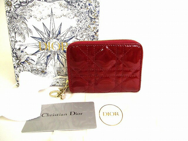 【未使用保管品】 クリスチャン ディオール Christian Dior Lady Dior パテントカーフスキン ゴールド金具 ジップコインケース 小銭入れ レッド 【中古】