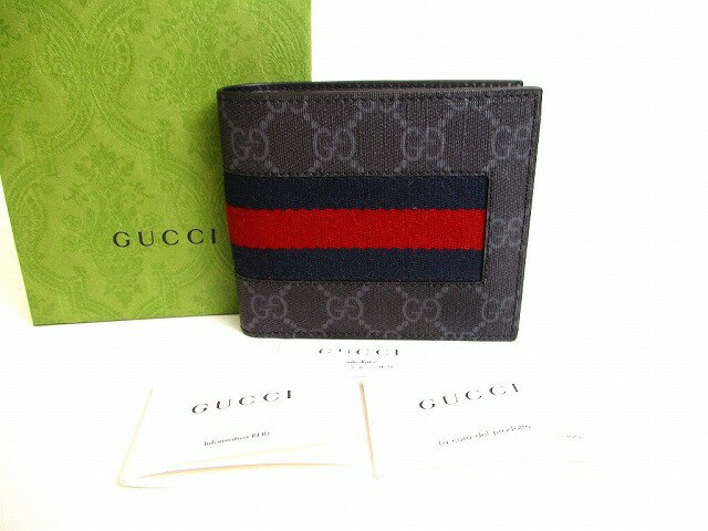 【新古品】 グッチ GUCCI GG スプリーム キャンバス ニューウェブ 2つ折り 財布 コンパクト財布 コンパクトウォレット メンズ レディース ネイビー 【中古】