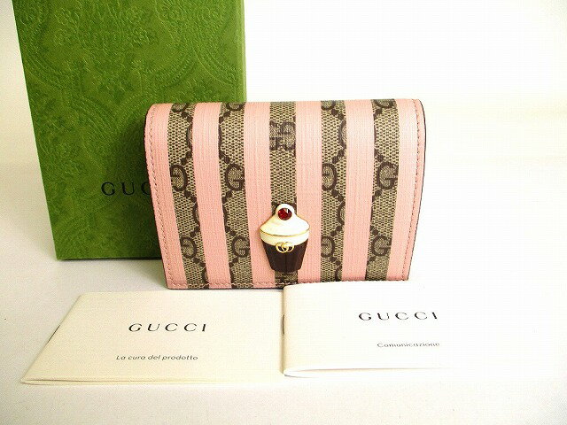 【新古品】 グッチ GUCCI GG マーモント アイスクリーム モチーフ レザー カードケース 2つ折り 財布 コンパクトウォレット ライトピンク 【中古】