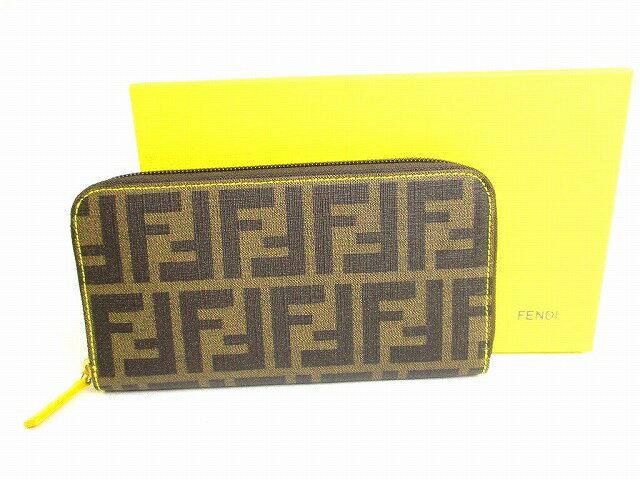 【未使用保管品】 フェンディ FENDI レザー ズッカ ラウンドジップ ウォレット ラウンドファスナー 長財布 メンズ レディース ブラウン×イエロー 【中古】