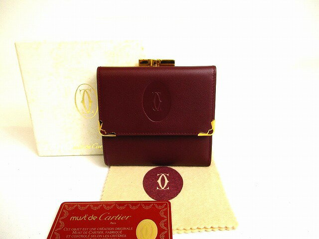 【未使用保管品】 カルティエ Cartier マスト ドゥ カルティエ カーフスキン がま口 2つ折り 財布 コンパクト財布 ボルドー 【中古】