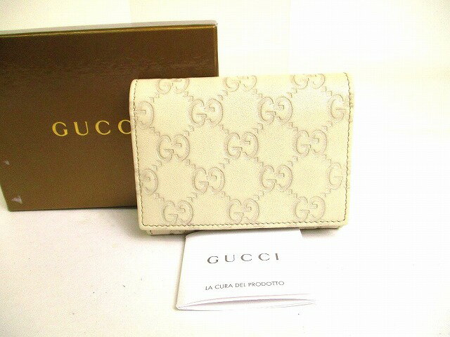 【未使用保管品】 グッチ GUCCI GG シマ レザー 名刺入れ カードケース メンズ レディース パールホワイト 【中古】￥