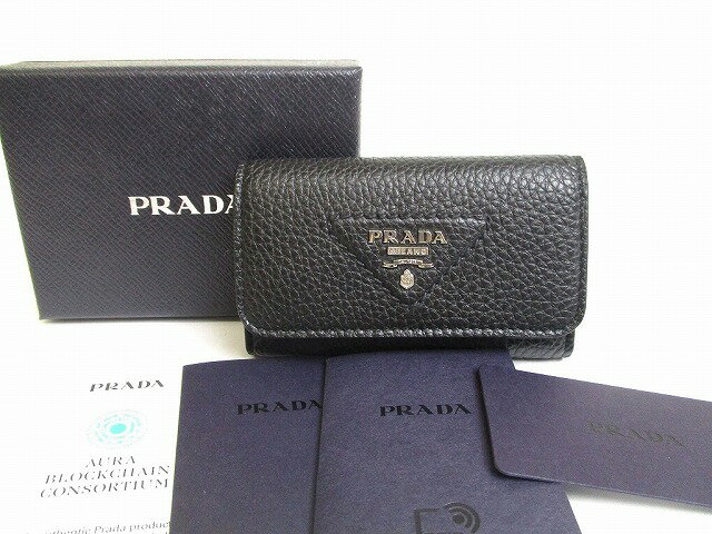 【未使用保管品】 プラダ PRADA ヴィッテロダイノ レザー シルバー金具 4連 キーケース キーリング メンズ レディース ネロ 黒 【中古】