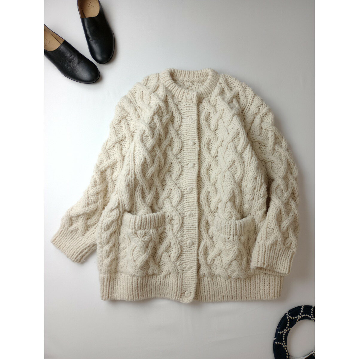 22AW nest Robe ネストローブ Peruvian wool hand knit cable cardigan ペルー ハンド ニット ケーブル カーディガン 白 アイボリー