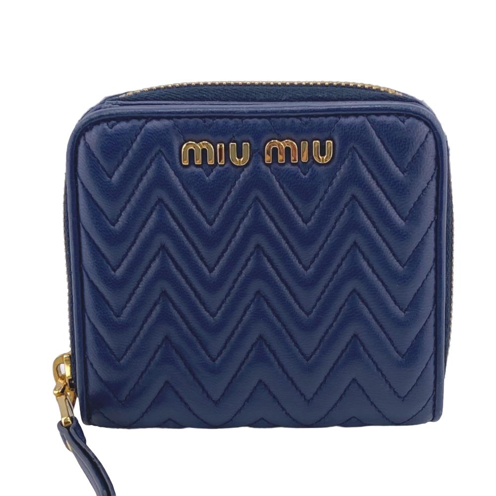 ミュウミュウ 財布（レディース） MIUMIU/ミュウミュウ 5ML522 ナッパ コンパクトウォレット ラウンドファスナー 二つ折り財布 ブルー レディース