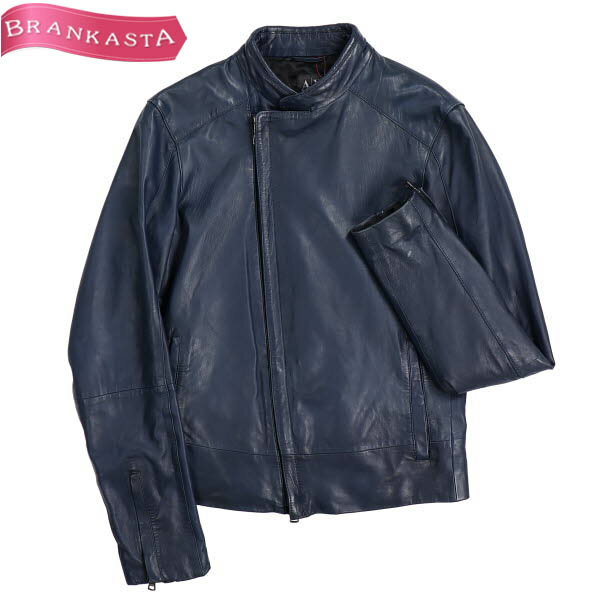 ＼5/19 23:59迄★50％OFFクーポン対象★期間限定セール／【中古】アルマーニエクスチェンジ/ARMANI EXCHANGE ライダースジャケット アウタートップス メンズ 春秋 羊革 レザー シングル 長袖 紺 S/P S アルマーニ ライダースジャケット★51LG12