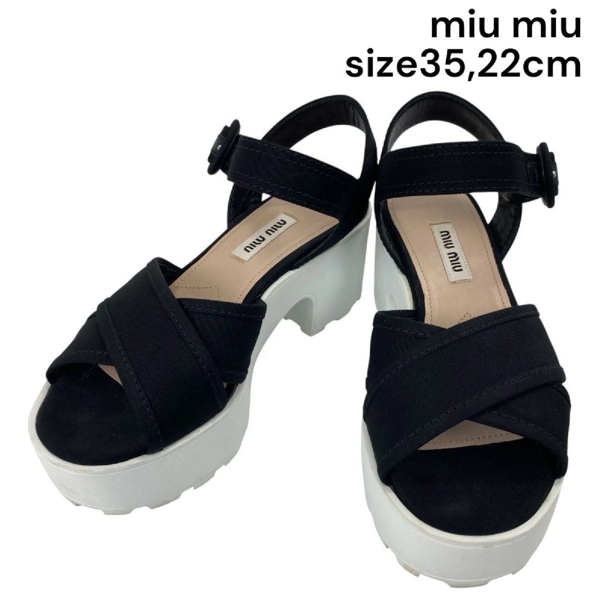 【中古】美品 ミュウミュウ miu miu プラットフォームサンダル 厚底 ブラック 35、22cm レディース 5D736