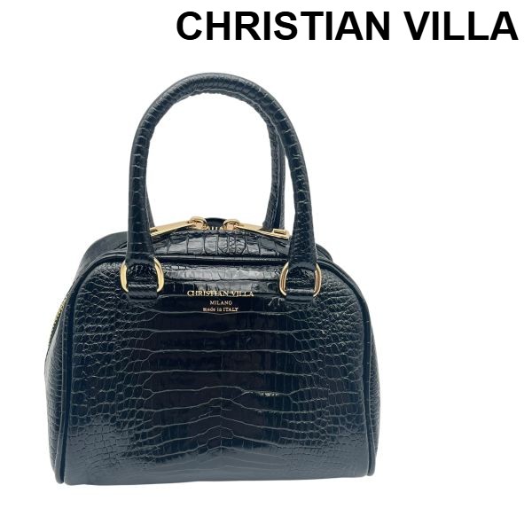 樂天商城 - 【中古】クリスチャンヴィラ CHRISTIAN VILLA ミニハンドバッグ 2WAY 斜めがけ クロスボディ 黒 クロコ型押しレザー レディース 6V240