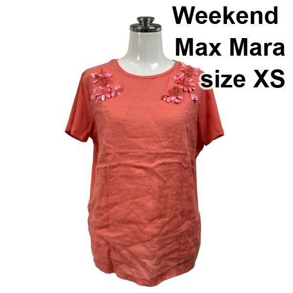 ウイークエンド Weekend Tシャツ プルオーバー 半袖 ラウンドネック ビジュー スパンコール オレンジ XS 5号 レディース S6E435