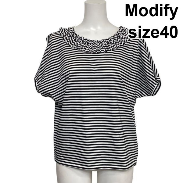 モディファイ Modify ボーダーカットソー Tシャツ 半袖 ドルマンスリーブ シャーリング 白 黒 コットン100 40 L 11号 レディース S6E429