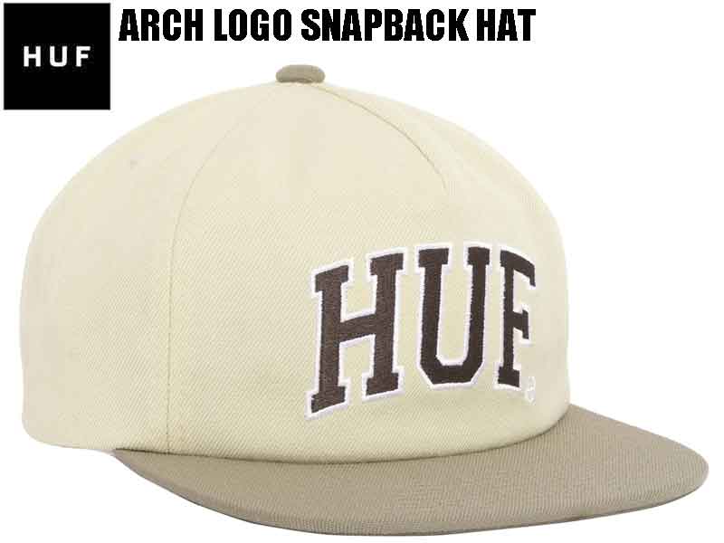 HUF ハフ ARCH LOGO SNAPBACK HAT CAP フラットバイザー アジャスター 5パネル ロゴ ベージュ ブラウン 刺繍 帽子 メンズ 男性 レディース 女性 スノーボード サーフィン スケボー スケートボード HT00703 1