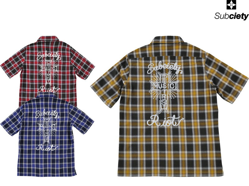 楽天BRAYZSubciety サブサエティ 半袖シャツ チェックシャツ ワークシャツ ペイズリー シャツ ボタンシャツ SBF1482 EMBROIDERY CHECK SHIRT S/S -MUSIC DESTROY- ストリート ファッション OLLIE SAMURAI オーリー サムライ